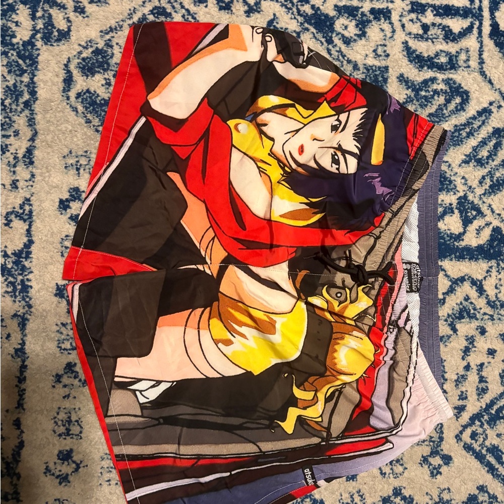 Anime Print Men’s Swim Board Shorts - Red, Yellow, Black